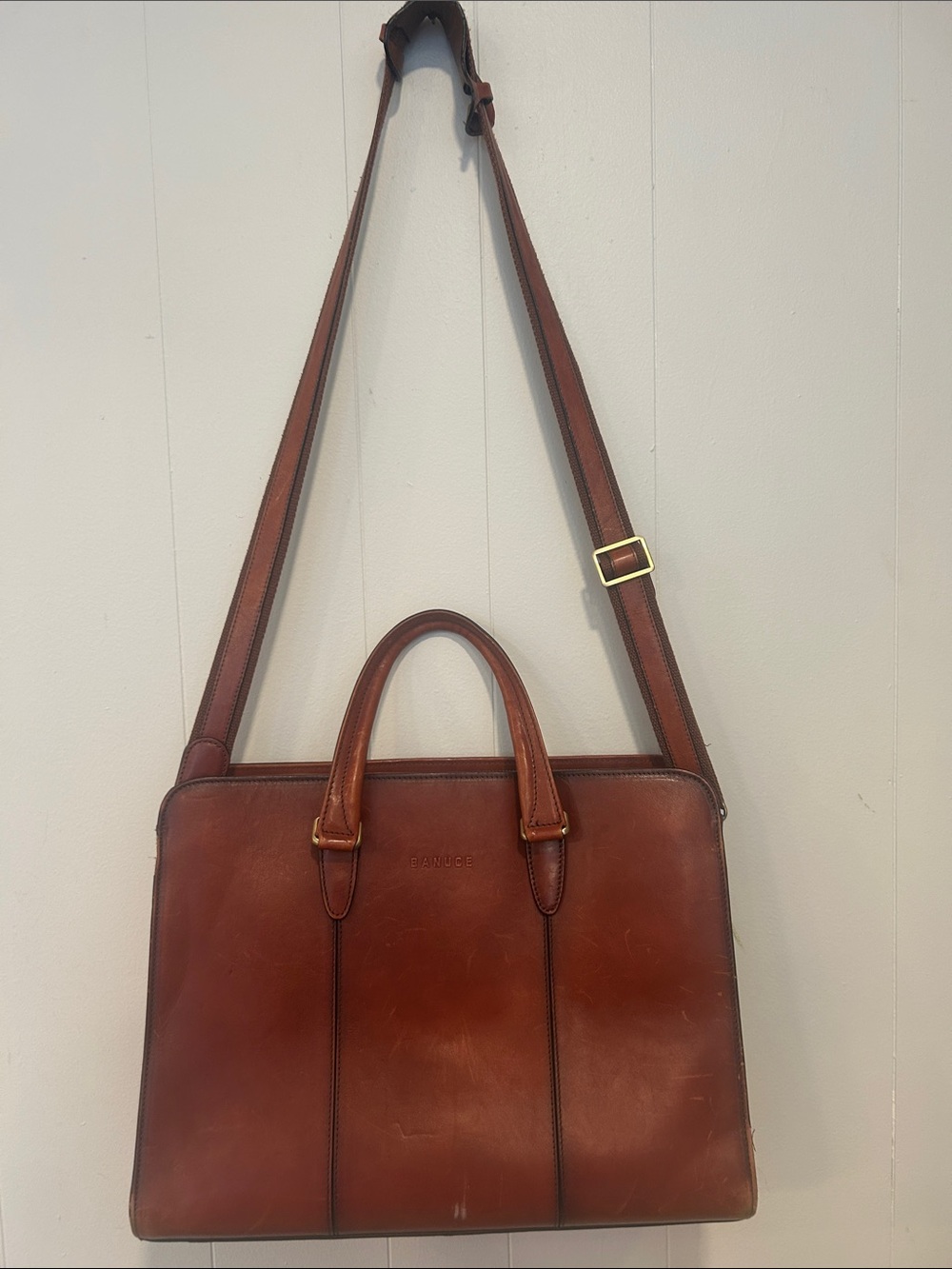 BANUCE Full Grain Leather Work Tote Briefcase Cognac Laptop Bag